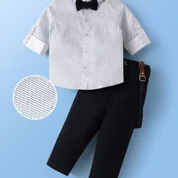 Mark & Mia Cotton Woven Full Sleeves Printed Shirt & Trouser With Bow & Suspender - White & Black-picture-22