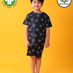 Anthrilo 100% Organic Cotton Knit Half Sleeves Basketball Printed Tee & Coordinating Shorts Set - Black-picture-20