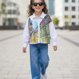 OLLINGTON ST. Cotton Poplin Full Sleeves Printed Shirt & Denim Jeans Set - White & Indigo-image-69