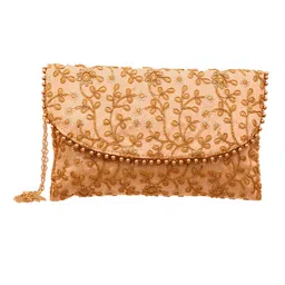 Kuber Industries Embroidery Golden Pearl Border ClutchHand Purse & Pearls Handle With Magnetic Lock For Woman,Girls,Peach, image 2