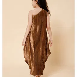 Piccolo Silk One Shoulder Accordion Pleated Kurta With Pant Set - Brown image 3