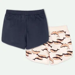 Ariel Cotton Knit Pack Of 2 Super Girl Text & Whales Printed Shorts - Navy Blue & Peach image 3