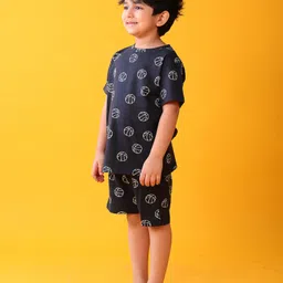 Anthrilo 100% Organic Cotton Knit Half Sleeves Basketball Printed Tee & Coordinating Shorts Set - Black image 4