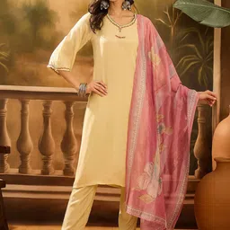 Sangria Floral Yoke Design V-Neck Straight Kurta With Trousers And Dupatta-image-0