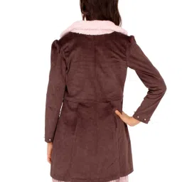 Cutecumber Kids Brown & Pink Striped Full Sleeves Dress with Chenille image 2