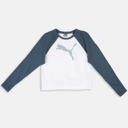 Puma Kids Modern Crew G White & Blue Cotton Color Block Full Sleeves T-Shirt image 1