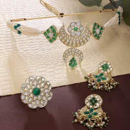 Zaveri Pearls Green Kundan & Pearls Choker Necklace Earring & Ring Set-ZPFK14434 image 2