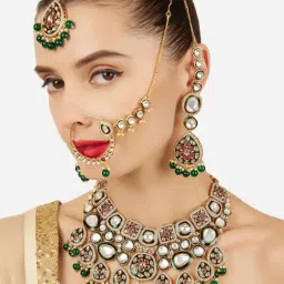Zaveri Pearls Green Meenakari Pink Stones Beads Necklace Earring Maangtikka Nosering Set-picture-39