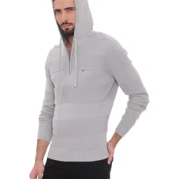 Basics Grey Cotton Slim Fit Striped Hooded Jacket image 3