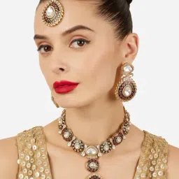Zaveri Pearls Green Meenakari Pink Dazzling Stones Necklace Earring & Maangtikka Set-image-74