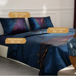 Stoa Paris Louvre Navy & Purple 300 TC Satin King Size Bedsheet & Comforter with 2 Pillow Covers image 2