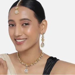 Peora Gold Plated Crystal White Kundan Necklace Dangling Earring Maang Tikka Set image 2