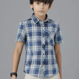 Under Fourteen Only Kids Blue Cotton Chequered Shirt-image-85