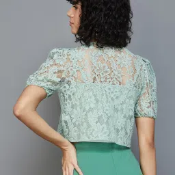 Ginger by Lifestyle Sage Green Cotton Lace Work Crop Top image 2
