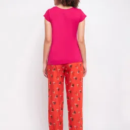 Clovia Pink & Orange Cotton T-Shirt With Pyjamas image 2