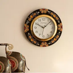 eCraftIndia Yellow Crystal Studded Decorative Papier-Mache Wooden Handcrafted Wall Clock image 1