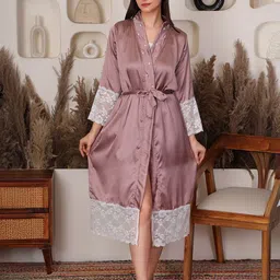 HOUSE OF ELORRA Solid embrioidered V Neck Knee Length Wrap Nightdress-image-65