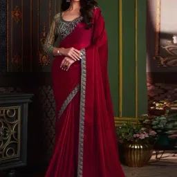 Satrani Red Embellished Saree With Unstitched Blouse-image-57