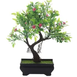 Foliyaj Green & Pink Plastic Artificial Y Shaped Bonsai Tree With Flowers image 2