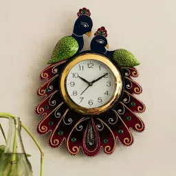 eCraftIndia Handcrafted Papier-Mache 2 Peacocks Decorative Wall Clock image 1