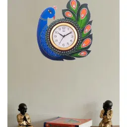 eCraftIndia Exotic and Stylish Colorful Peacock Wooden Handcrafted Wooden Wall Clock image 1