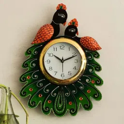 eCraftIndia Handcrafted Papier-Mache 2 Peacocks Decorative Wall Clock image 1