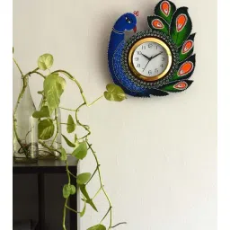 eCraftIndia Exotic and Stylish Colorful Peacock Wooden Handcrafted Wooden Wall Clock image 2
