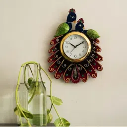 eCraftIndia Handcrafted Papier-Mache 2 Peacocks Decorative Wall Clock image 2
