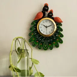 eCraftIndia Handcrafted Papier-Mache 2 Peacocks Decorative Wall Clock image 2