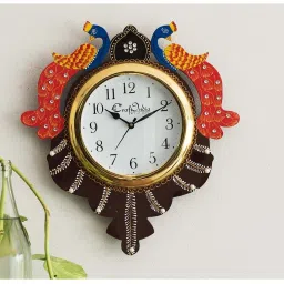 eCraftIndia Handcrafted Papier-Mache 2 Peacocks Decorative Wall Clock image 1