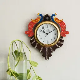 eCraftIndia Handcrafted Papier-Mache 2 Peacocks Decorative Wall Clock image 2