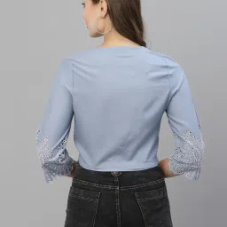 KASSUALLY Blue & White Cotton Self Design Crop Shirt image 2