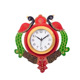 eCraftIndia Handcrafted Papier-Mache 2 Peacocks Decorative Wall Clock image 3