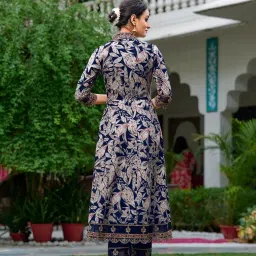 BERRYLICIOUS Navy Embroidered & Botanical Printed Anarkali Kurta with Pant & Dupatta image 2