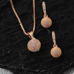 Zeneme Rose Gold Plated Round Shape Pendant & Earrings Set-picture-15