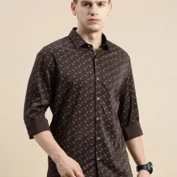 SHOWOFF Coffee Brown Cotton Slim Fit Printed Shirt-image-45