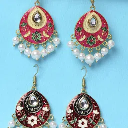 OOMPH Set Of 2 Artificial Stones Studded & Pearls Beaded Teardrop Meenakari Drop Earrings-picture-39
