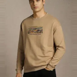 Louis Philippe Beige Cotton Regular Fit Embroidered Sweatshirt image 4