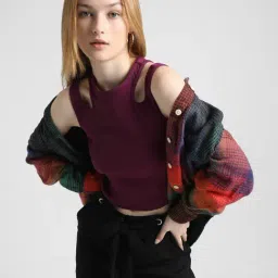 Only Dark Purple Cotton Slim Fit Crop Top-image-73