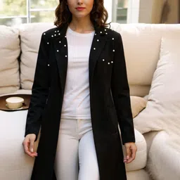 SFOTY Pearls Embellished V-Neck Open Front Longline Shrug image 3