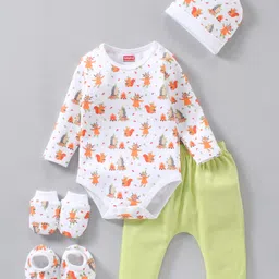 Babyhug Cotton Full Sleeves Onesies with Leggings with Cap Mittens & Booties Printed - Mulicolour-picture-15