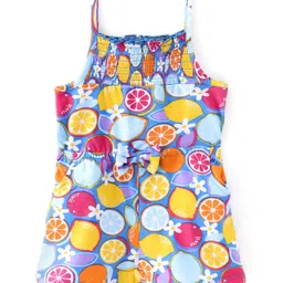 Babyhug Single Jersey Knit Singlet Sleeves Fruity Print Jumpsuit with Bow Applique - Blue-image-99