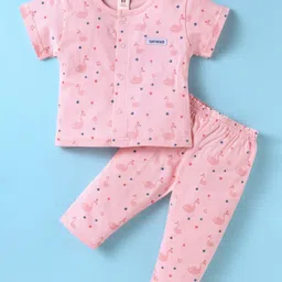 ToffyHouse Single Jersey Knit Half Sleeves Night Suit With Bird & Star Print - Pink-image-18