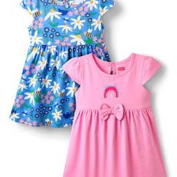 Babyhug Single Jersey Half Sleeves Frocks with Floral & Rainbow Pack of 2 - Pink & Blue-picture-13
