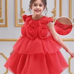 Mark & Mia Woven Cap Sleeves Party Dress with Floral Pearls & Beads Applique - Red-picture-36