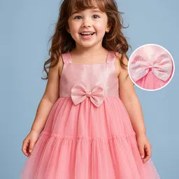 Babyhug 5 Layer With Cotton Lining Sleeveless Glitter Mesh Party Dress With Bow Applique - Peach-picture-15