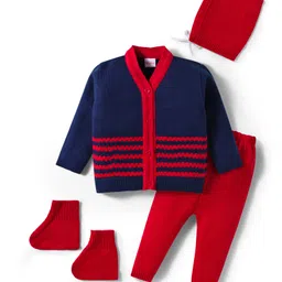 Babyhug Knitted Full Sleeves Striped Sweater Set With Cap & Booties - Red & Navy Blue-image-84
