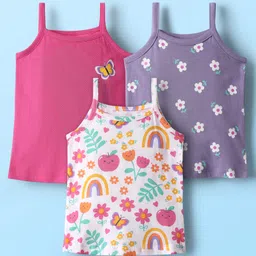 Babyhug 100% Cotton Single Jersey Knit Singlet Antibacterial Slips with Floral & Butterfly Print Pack of 3 - Lilac White & Pink-picture-36