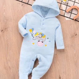 Mark & Mia Full Sleeves Winter Wear Hooded Romper With Elephant Embroidery - Light Blue-picture-20