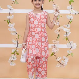 MODISH COUTURE Cotton Woven Sleeveless Floral Woven Sleeveless Floral Printed & Gota Lace Embellished Coordinating Kurti Palazzo Set - Peach-picture-12